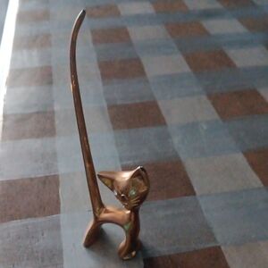 Brass Cat Ring Holder with Rhinestone Eyes, 6"